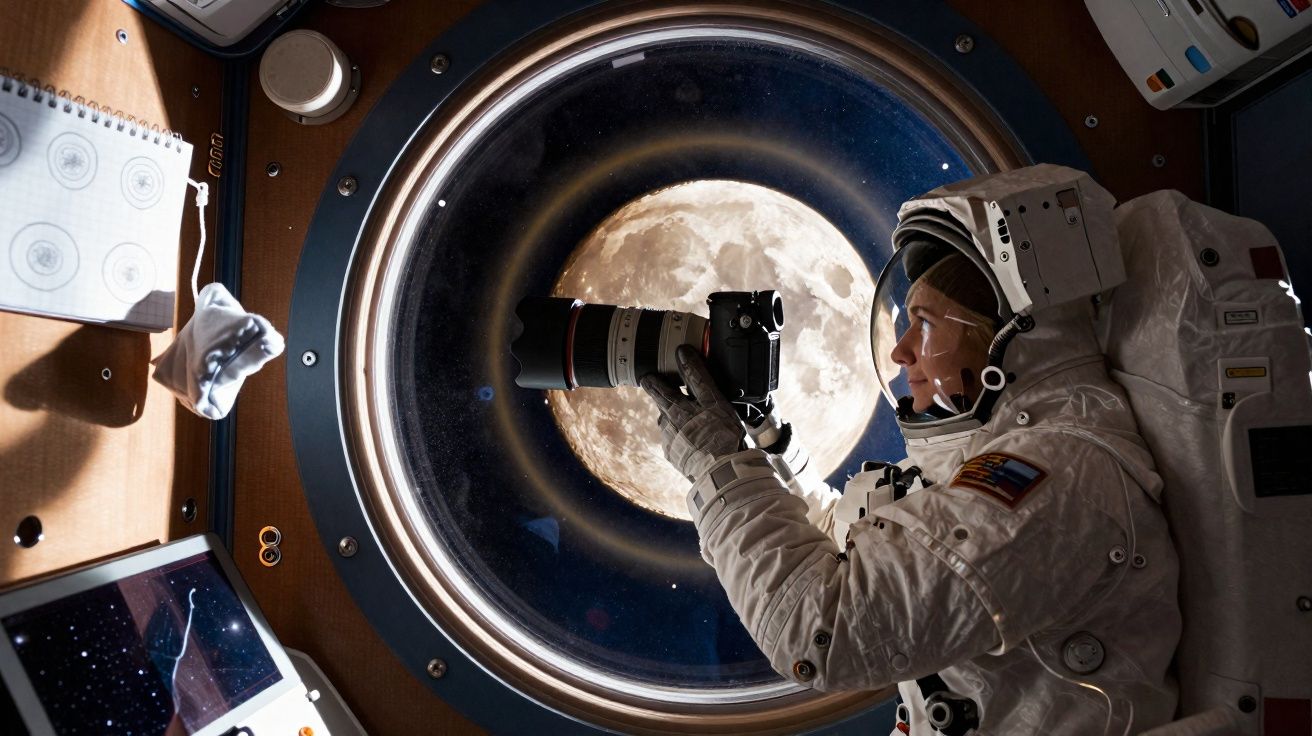 Astronauta dentro de cápsula espacial a tirar fotografia da lua através da janela.