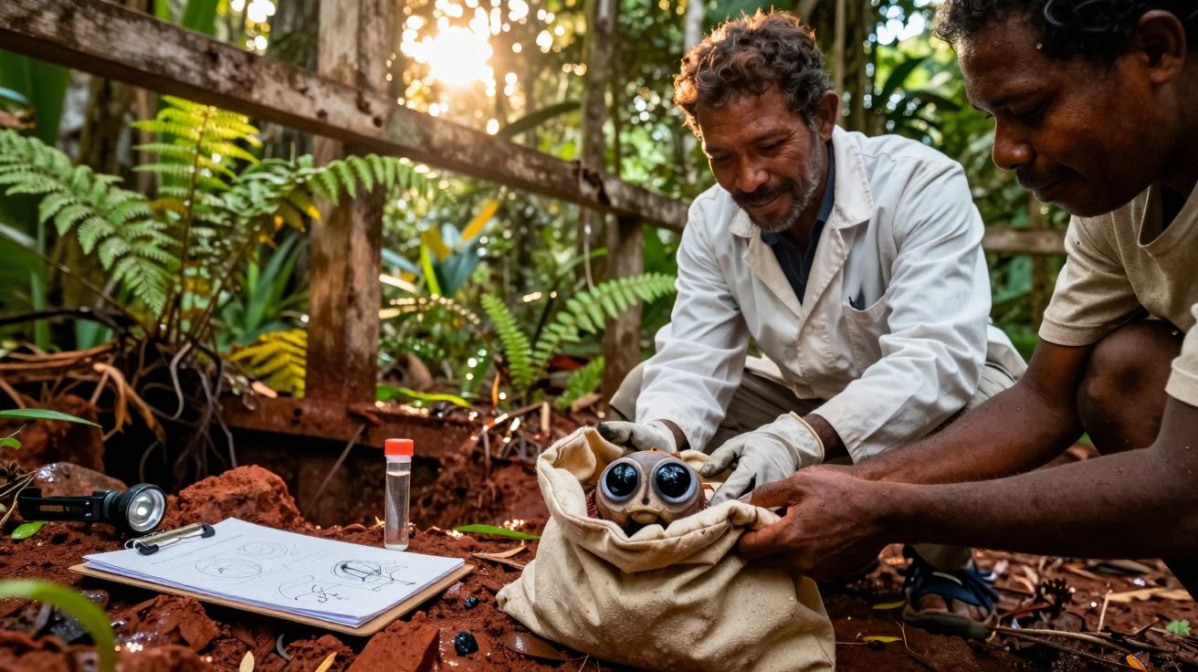 Dois cientistas examinam um animal pequeno com olhos grandes em ambiente florestal.