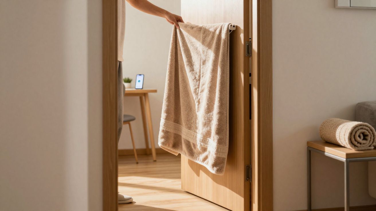 Pessoa a pendurar toalha bege numa porta de madeira num quarto iluminado com mobiliário claro.