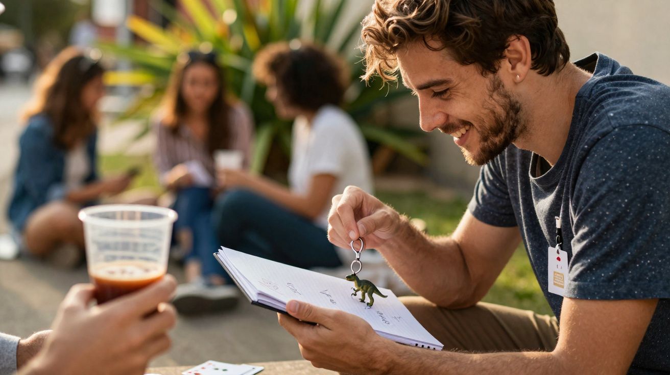 Jovem sorri a brincar com chaveiro de dinossauro enquanto lê caderno, grupo de amigos conversam ao fundo ao ar livre.
