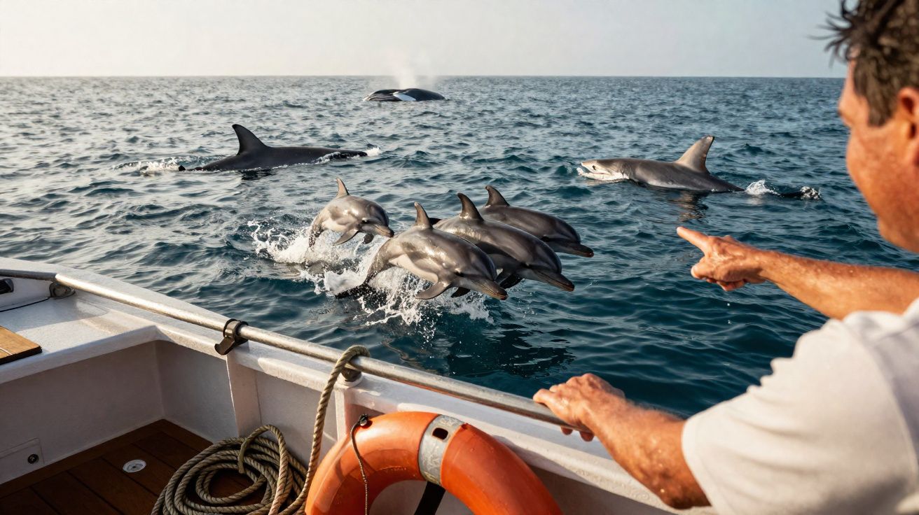 Homem num barco aponta para grupo de golfinhos a saltar junto à embarcação no mar calmo.