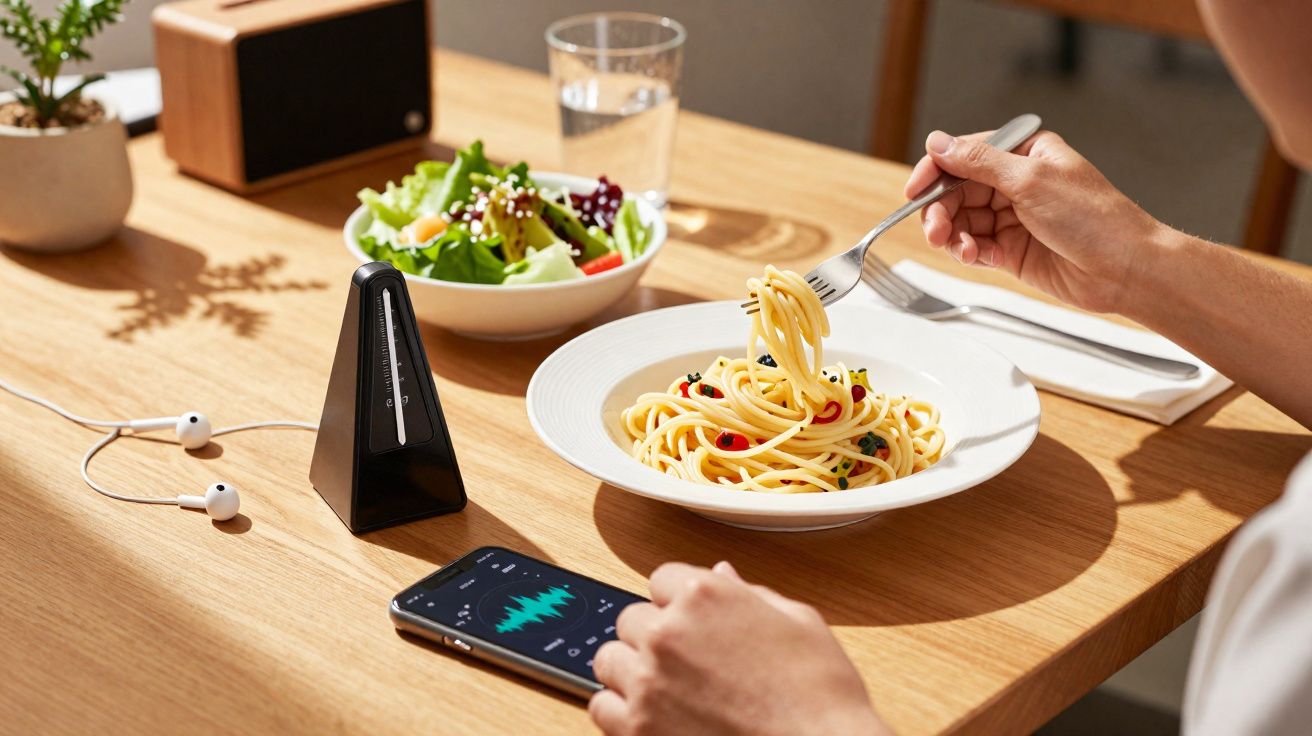 Pessoa a enrolar esparguete numa garfada, com salada, metronomo, auriculares e smartphone numa mesa de madeira.