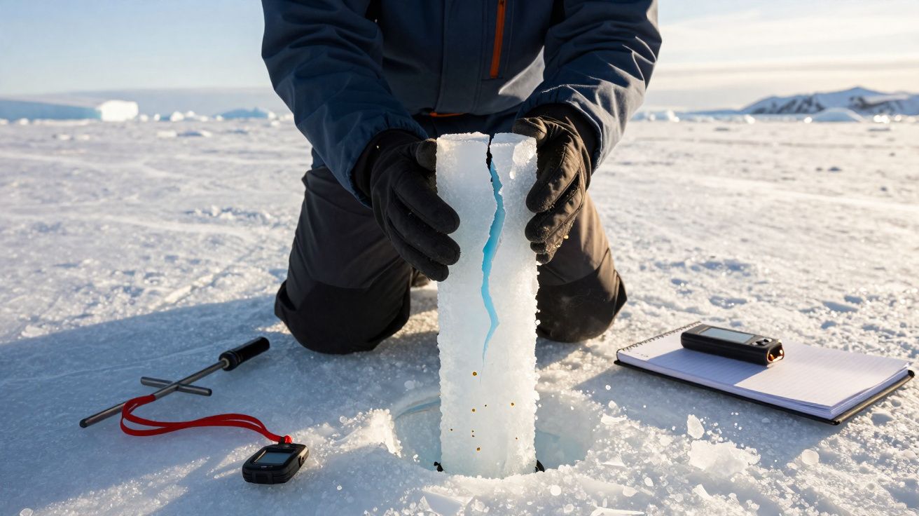 Pessoa de joelhos segura coluna de gelo partida retirada do gelo na Antártida com equipamentos de pesquisa ao lado.