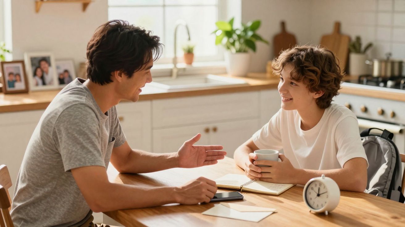 Homem e adolescente conversam sorrindo à mesa da cozinha com caderno, relógio e caneca sobre a madeira.