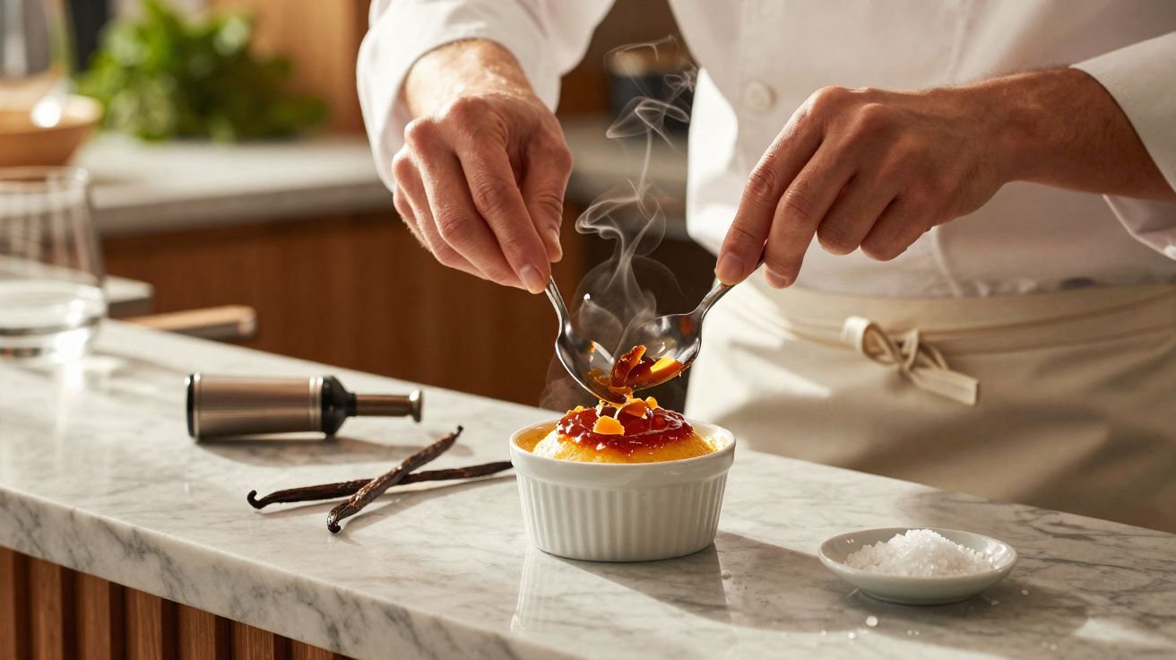 Chef a decorar pudim creme com caramelo num recipiente branco sobre bancada em mármore.