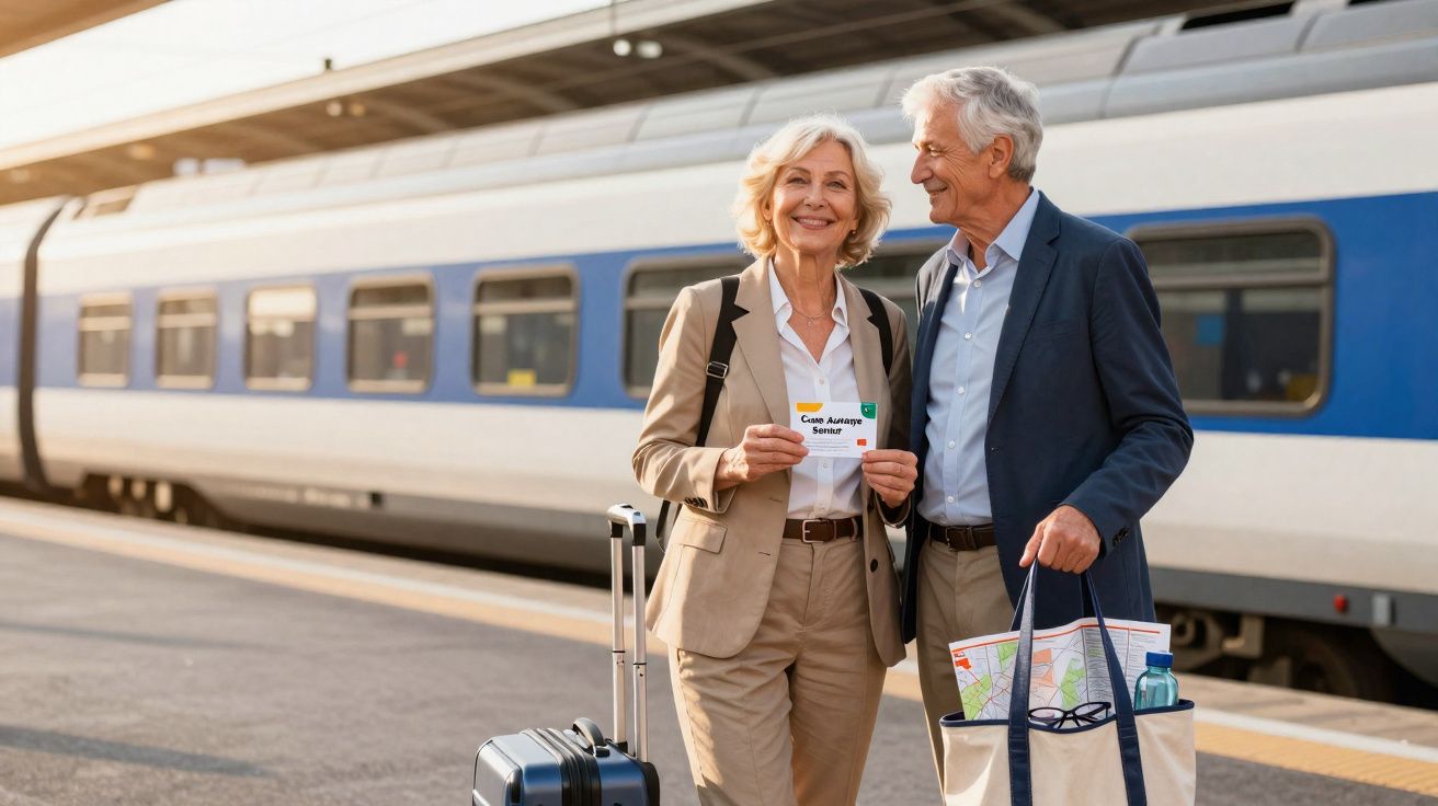Casal sénior sorridente com bilhetes e bagagem numa plataforma à chegada de um comboio.