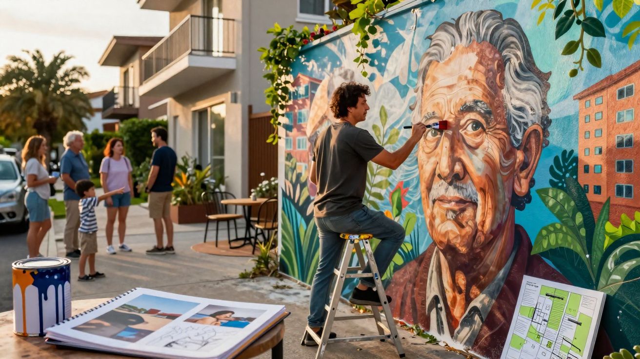 Artista pinta mural colorido de rosto idoso numa parede exterior com pessoas a observar ao fundo.