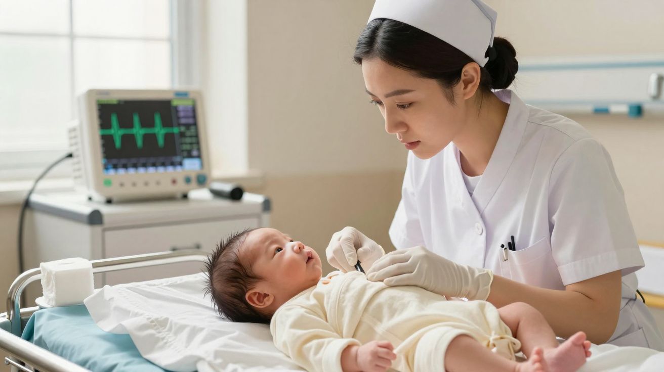Enfermeira a cuidar de bebé recém-nascido numa cama hospitalar com monitor cardíaco ao fundo.