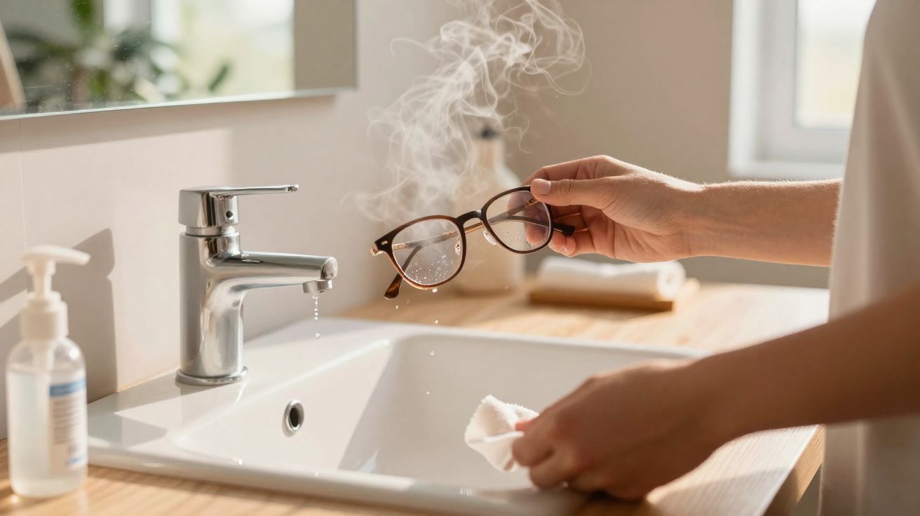 Pessoa a limpar óculos embaciados com vapor sobre lavatório numa casa de banho moderna.