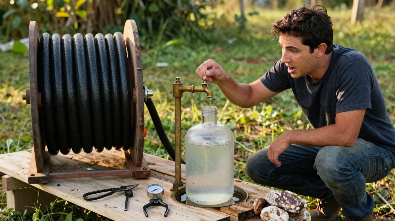 Homem a encher garrafa com água de torneira ao ar livre, com mangueira enrolada e ferramentas numa tábua.
