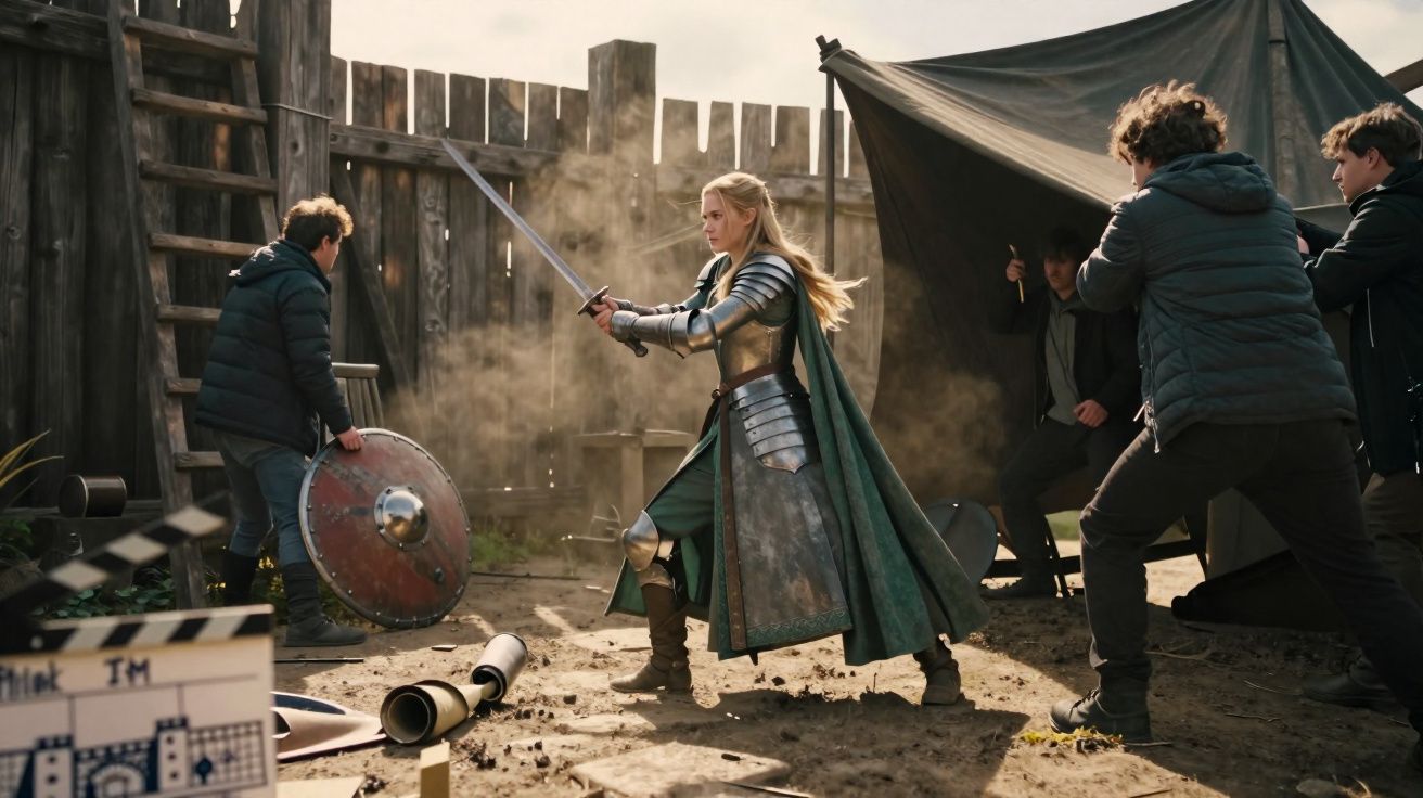 Atriz em armadura medieval com espada em cena de filmagem ao ar livre rodeada por equipa técnica.