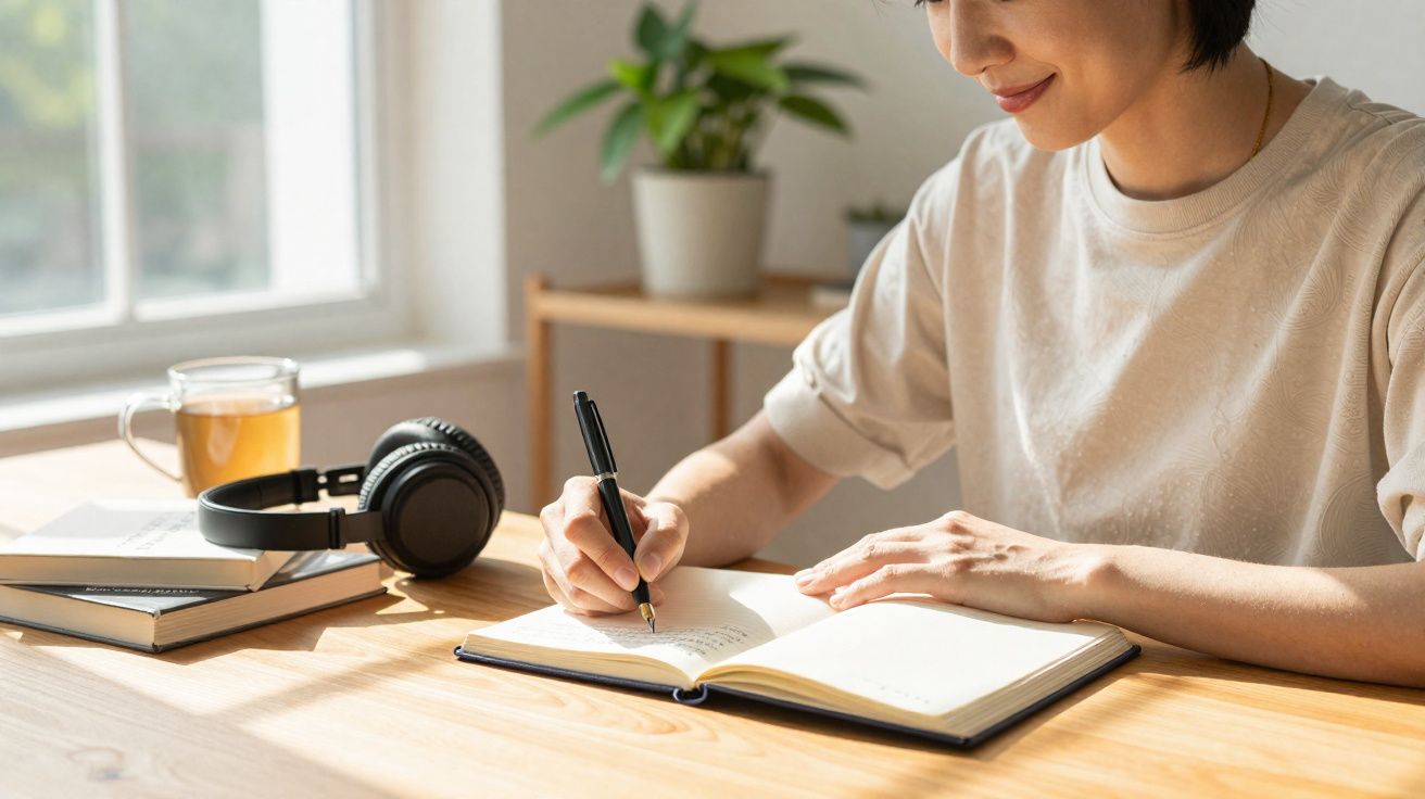 Pessoa sentada a escrever num caderno numa mesa de madeira, com auscultadores, livros e chá ao lado.