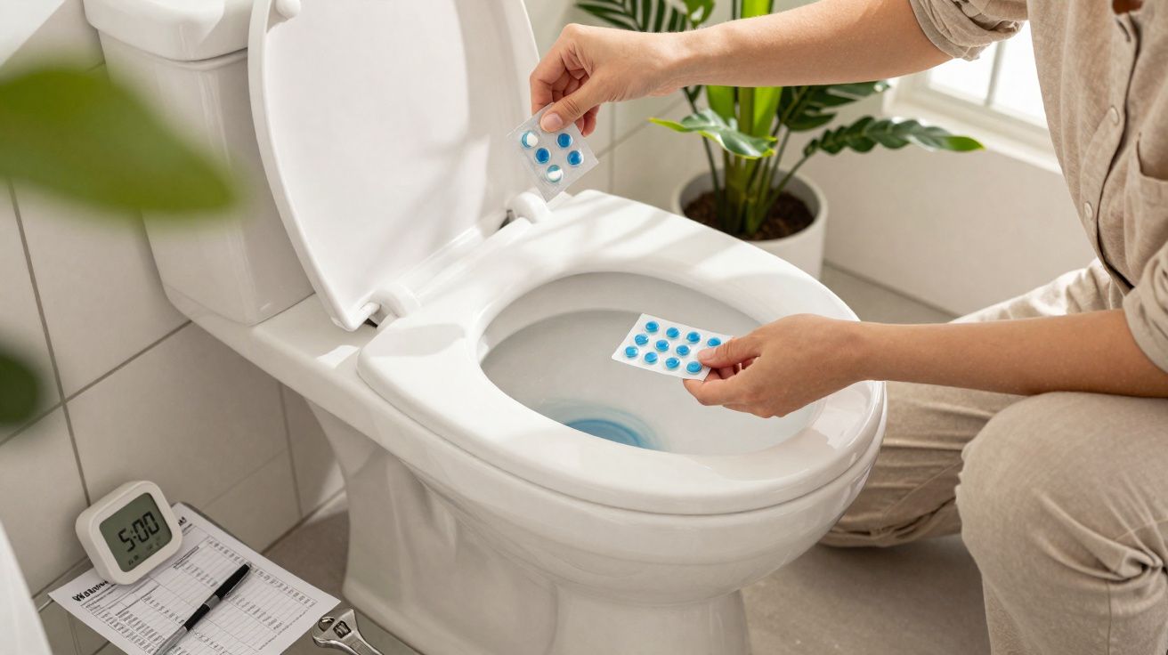 Pessoa a aplicar pastilhas azuis de limpeza no interior de um vaso sanitário numa casa de banho luminosa.