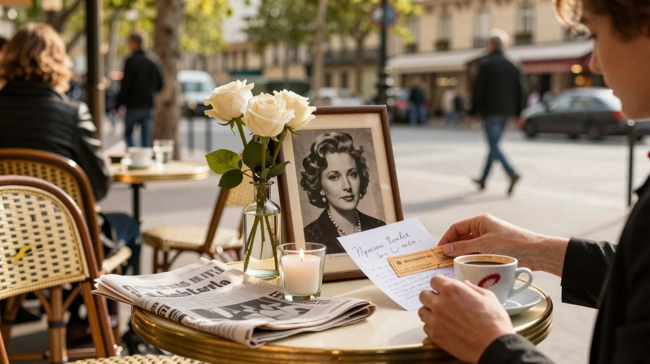 Mesa de café com rosa branca, vela, jornal, foto a preto e branco e pessoa a ler carta num café ao ar livre.