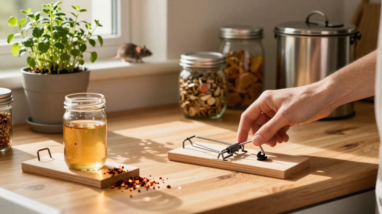 Mão a armar uma armadilha para ratos numa cozinha com jarros de vidro e plantas ao fundo.