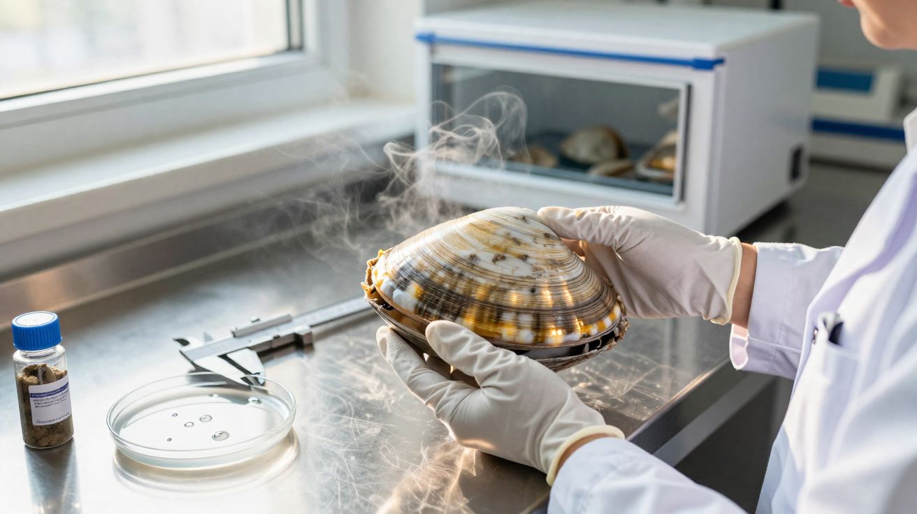 Mãos com luvas seguram uma concha grande a fumegar num laboratório com instrumentos ao fundo.