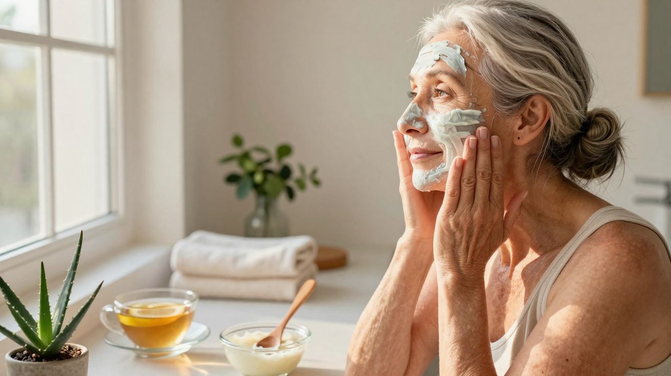 Mulher sénior a aplicar máscara facial branca, sentada à mesa com chá e creme, junto a janela iluminada.