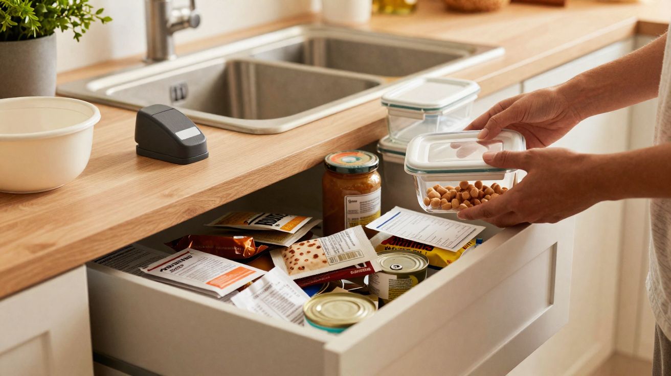 Pessoa a guardar frutos secos em recipiente transparente numa gaveta da cozinha cheia de alimentos.