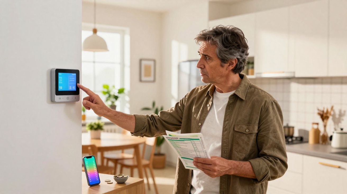 Homem a ajustar o termóstato inteligente na parede enquanto segura uma fatura em casa moderna.