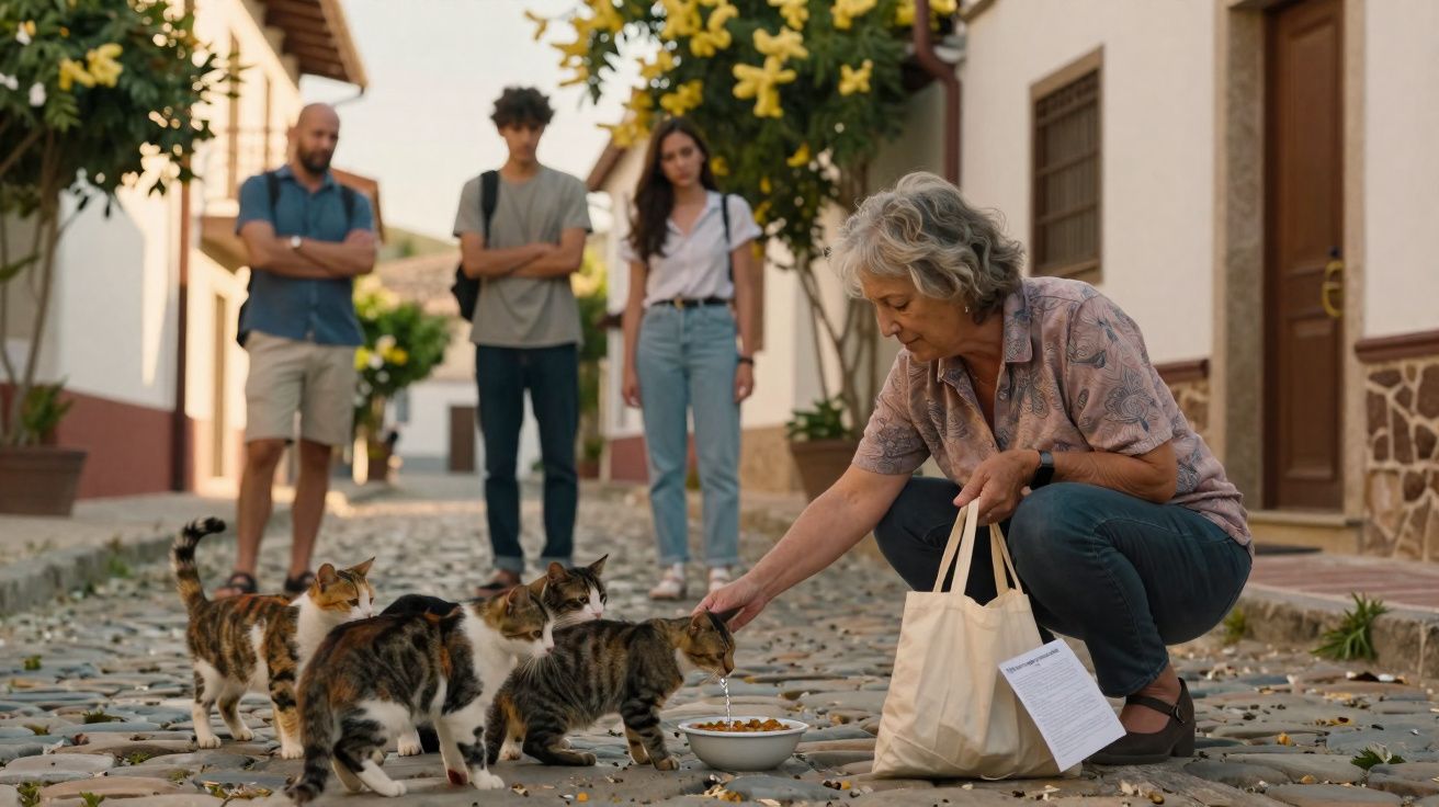 Mulher alimenta gatos numa rua de pedra, com três pessoas a observar ao fundo.
