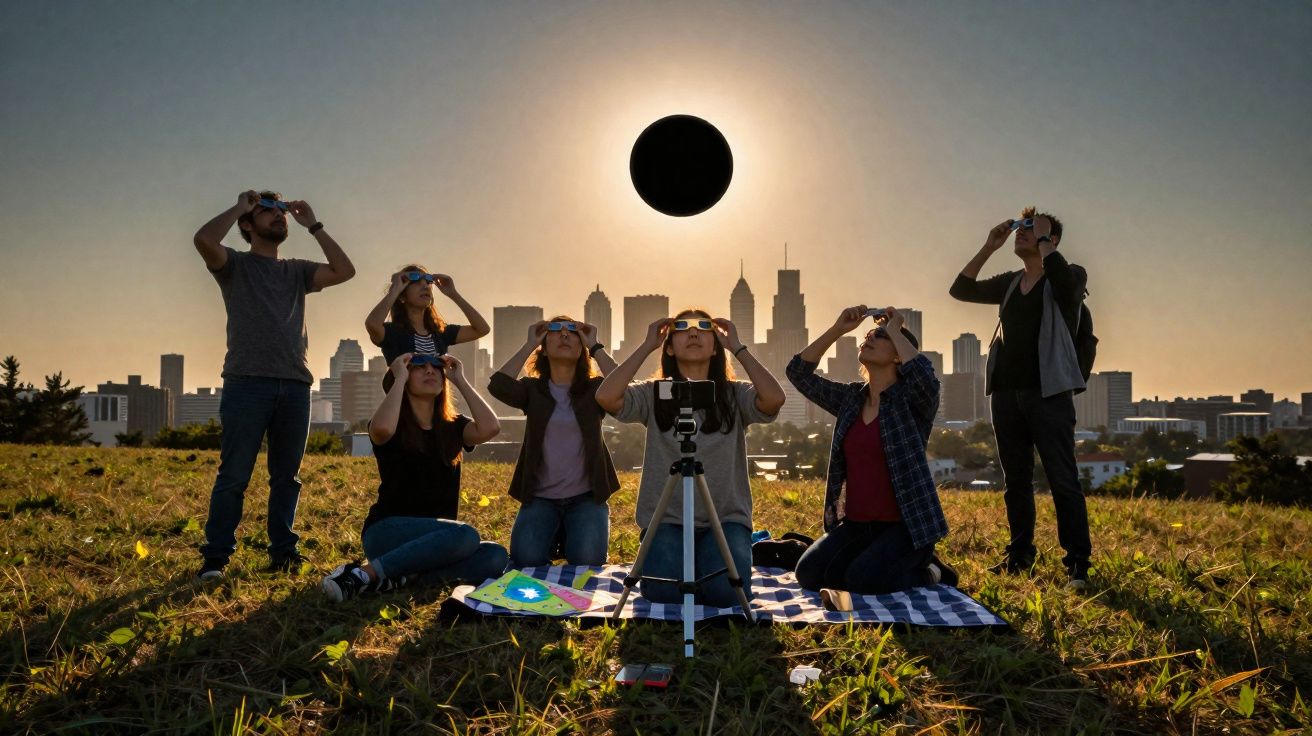 Grupo de pessoas a observar eclipse solar com óculos especiais numa zona verde junto à cidade.