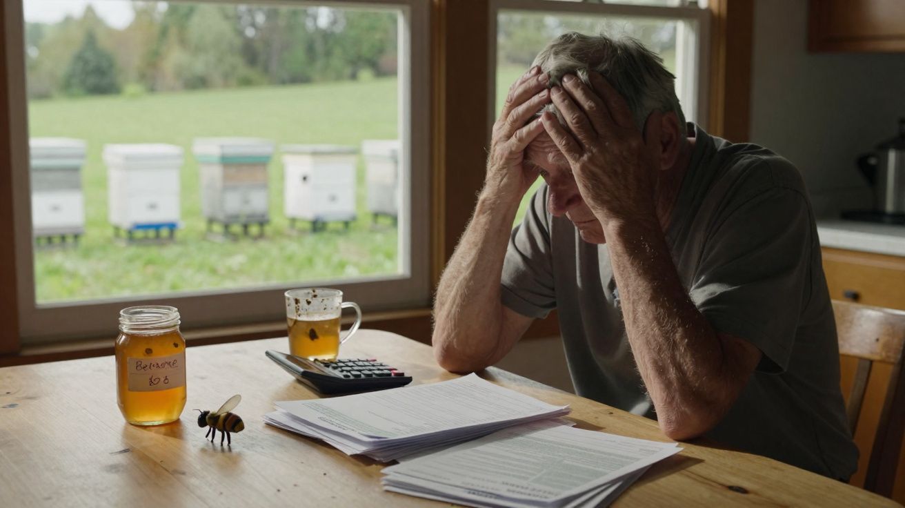Homem preocupado com documentos na mesa, jarro de mel e abelha, perto de colmeias vistas pela janela.