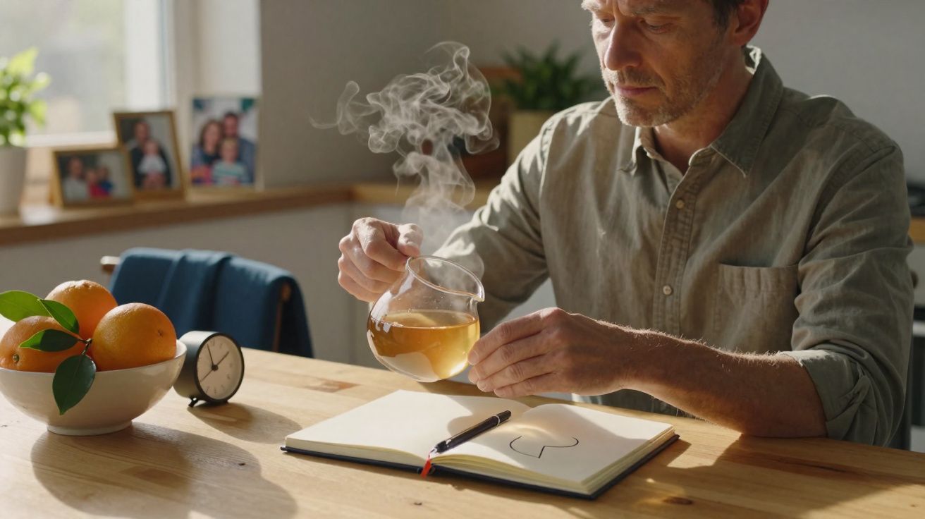 Homem serve chá quente numa caneca junto a um caderno aberto numa mesa de madeira à luz do dia.