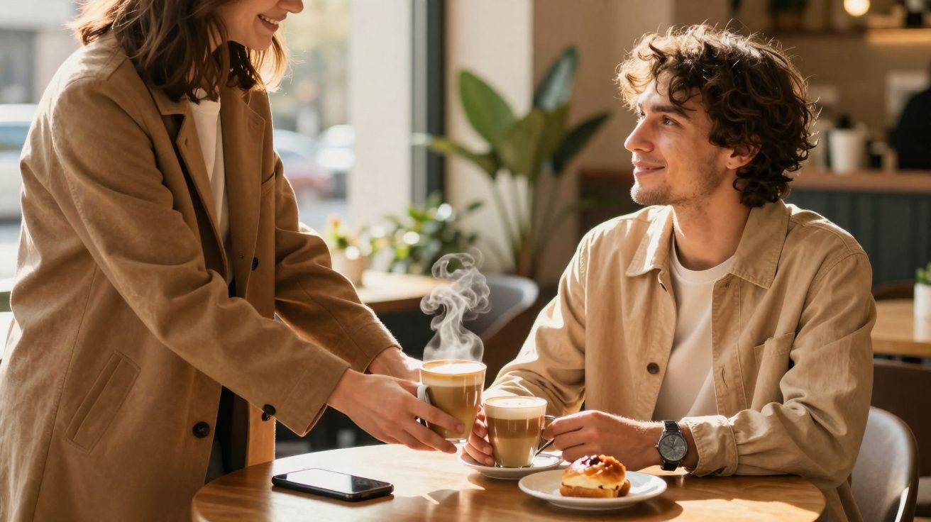 Mulher a servir café quente a homem sentado à mesa com pastelaria num café iluminado naturalmente.