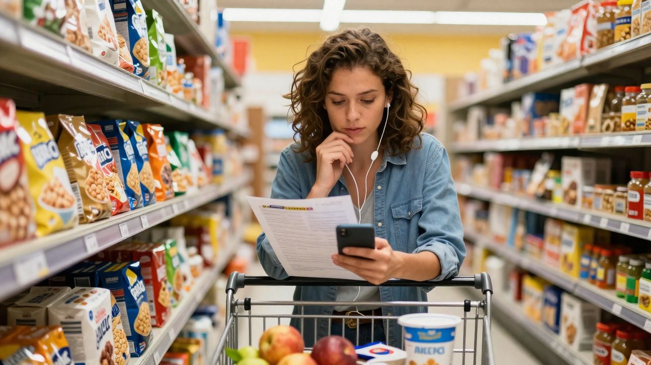 Mulher jovem a fazer compras no supermercado com lista e telemóvel, com carrinho cheio de frutas e produtos.