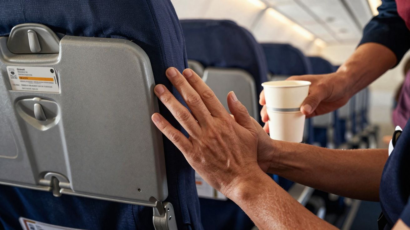Mãos de um passageiro a segurar o encosto do assento à frente dentro de um avião, com uma bebida a ser servida.