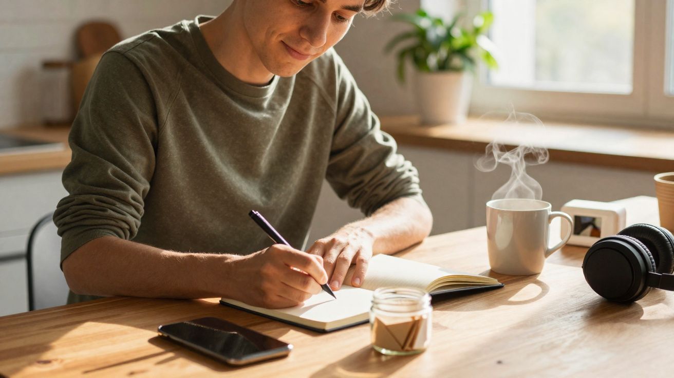 Pessoa a escrever num caderno numa mesa de madeira com telemóvel, vela, chá quente e auscultadores.
