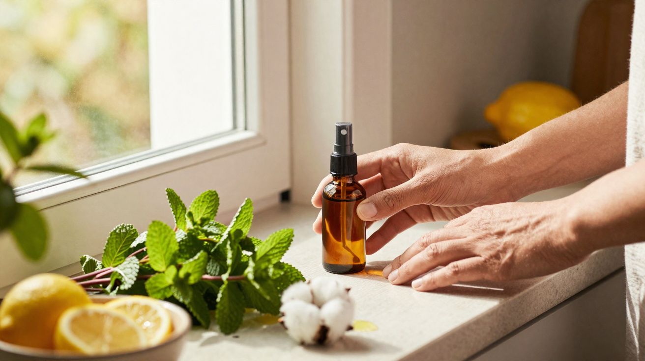 Mãos a segurar frasco de spray âmbar numa janela com limões, folhas verdes e algodão ao lado.
