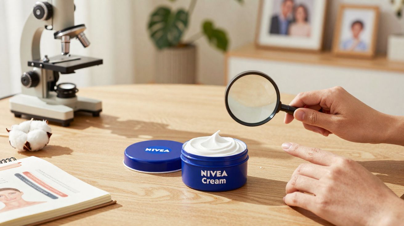 Mãos seguram lupa sobre creme Nivea aberto numa mesa com microscópio, algodão e livro ao fundo.