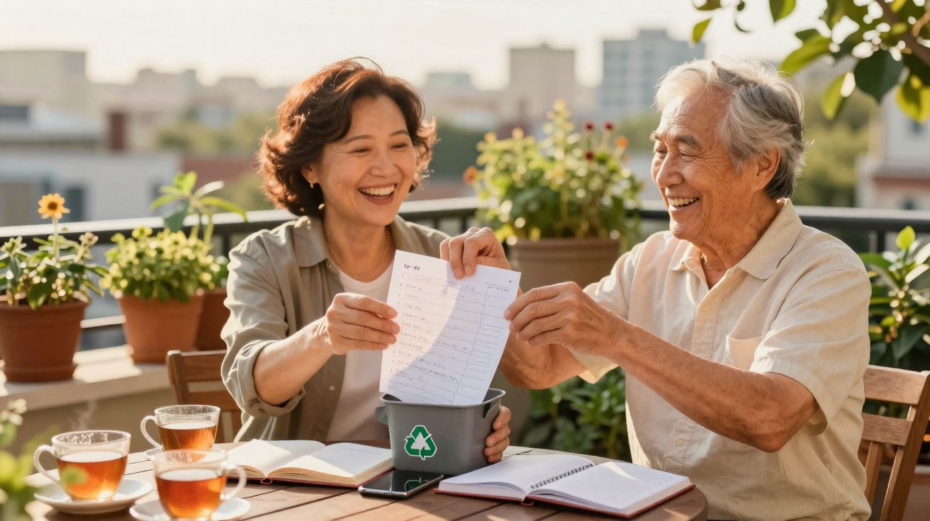 Casal idoso feliz a reciclar papel numa varanda ensolarada com plantas e chá sobre a mesa.