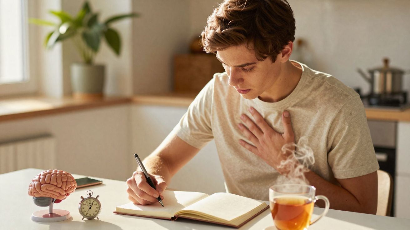 Jovem sentado a escrever num caderno, com mão no peito, numa mesa com chá, cérebro e relógio.