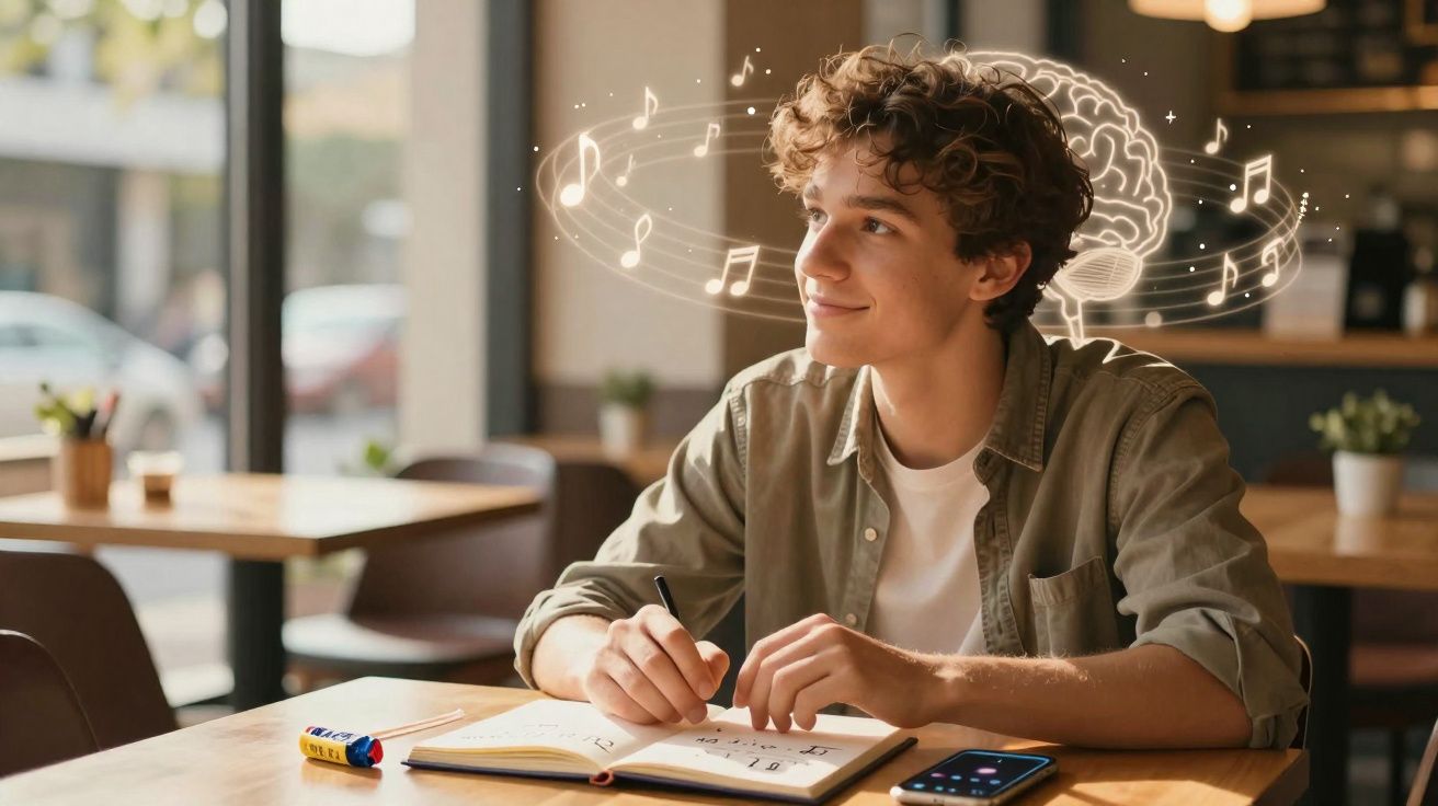 Jovem sentado numa mesa a estudar com notas musicais e cérebro iluminados em volta da cabeça.