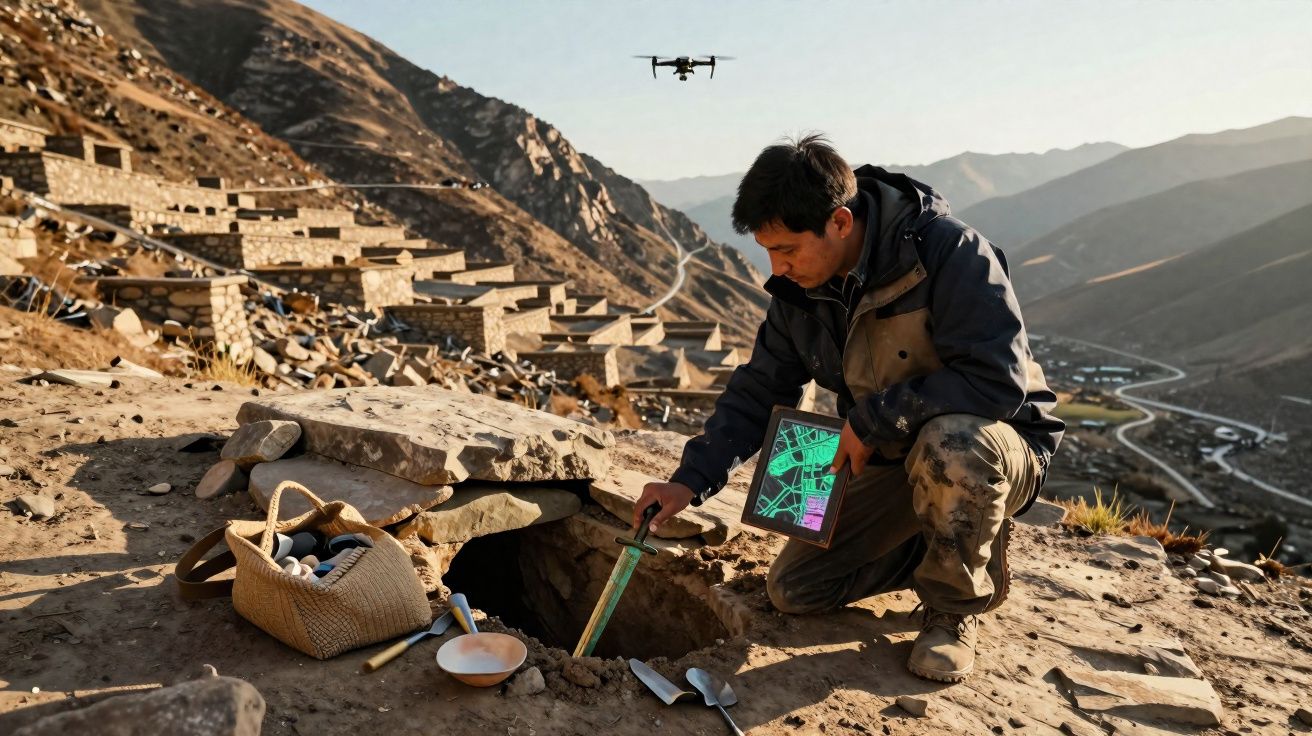 Pessoa ajoelhada a trabalhar numa escavação arqueológica com drone a sobrevoar e montanhas ao fundo.