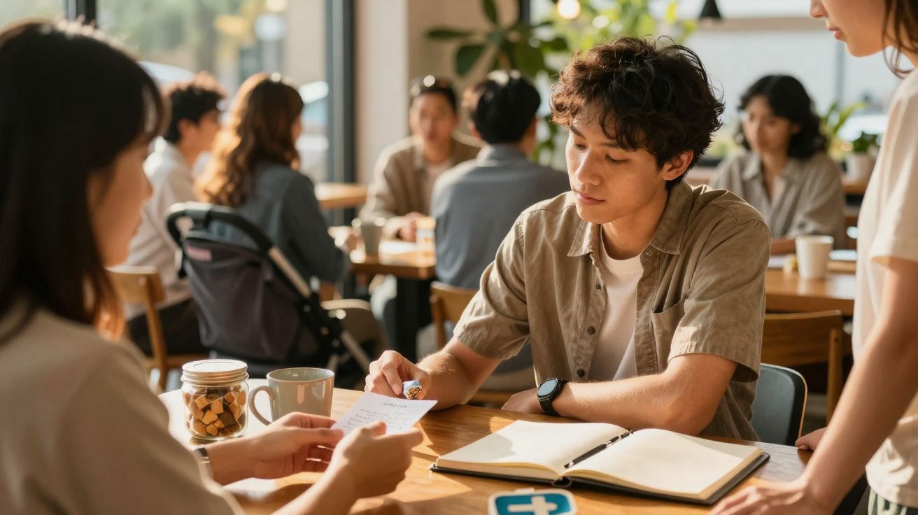 Jovem numa cafeteria a entregar um papel a uma pessoa sentada à mesa, com caderno aberto à frente.