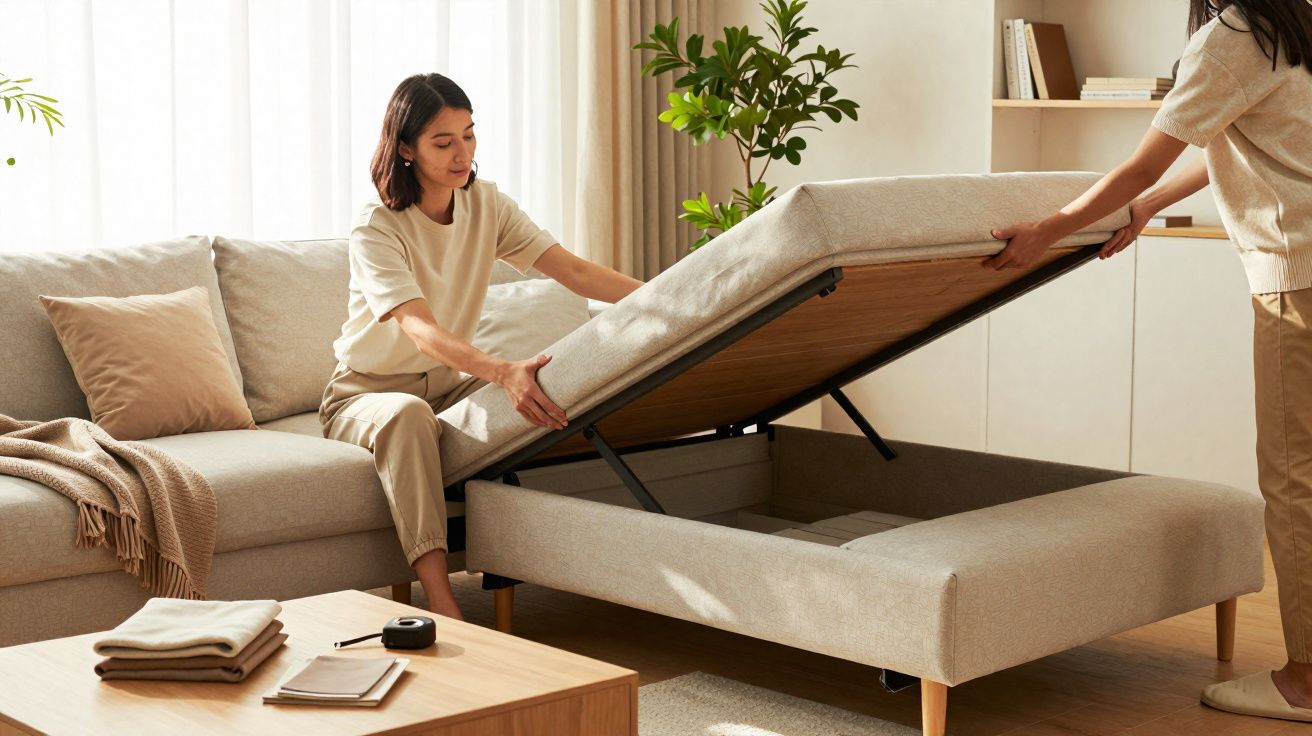 Duas mulheres levantam a almofada de um sofá-cama bege com espaço de arrumação numa sala iluminada.