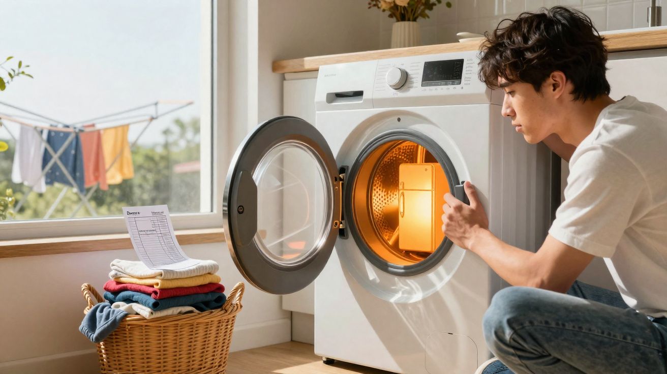 Homem a verificar o interior da máquina de secar roupa com roupa dobrada numa cesta ao lado, junto a uma janela.