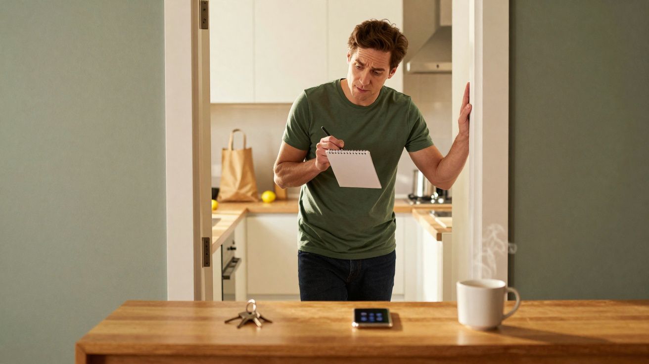 Homem de camisa verde a fazer anotações num bloco de notas numa casa moderna, junto a uma bancada com chávena fumegante.