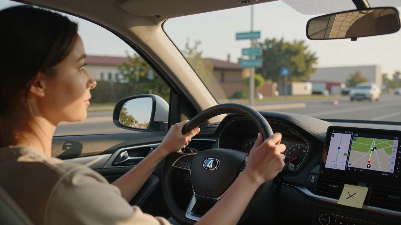 Mulher a conduzir carro com sistema de navegação GPS ligado no ecrã do painel.