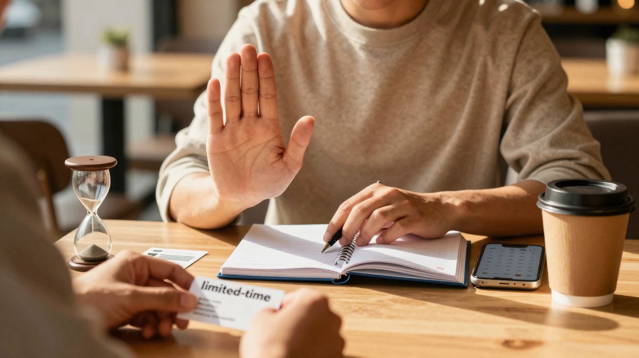 Pessoa recusa oferta de tempo limitado durante reunião com caderno, telemóvel e café numa mesa.