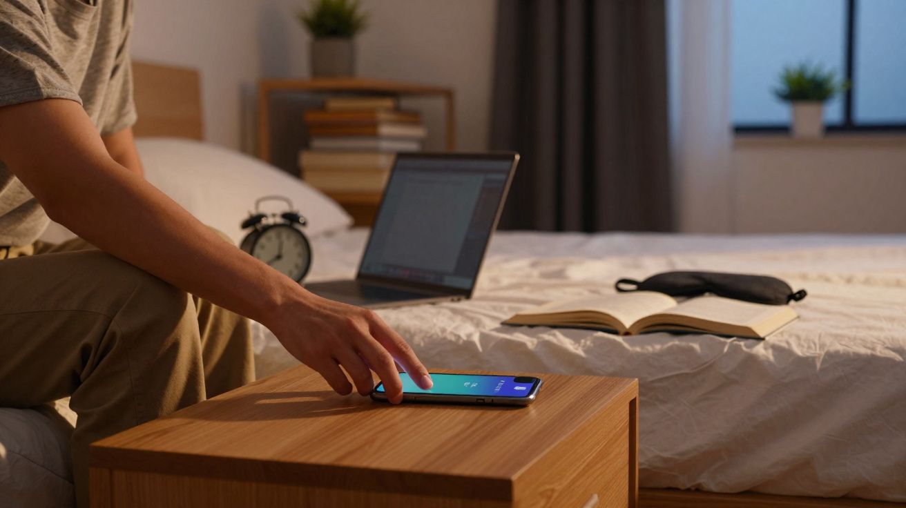 Pessoa a atender chamada no telemóvel junto à cama, com computador portátil, livros e despertador no quarto à noite.