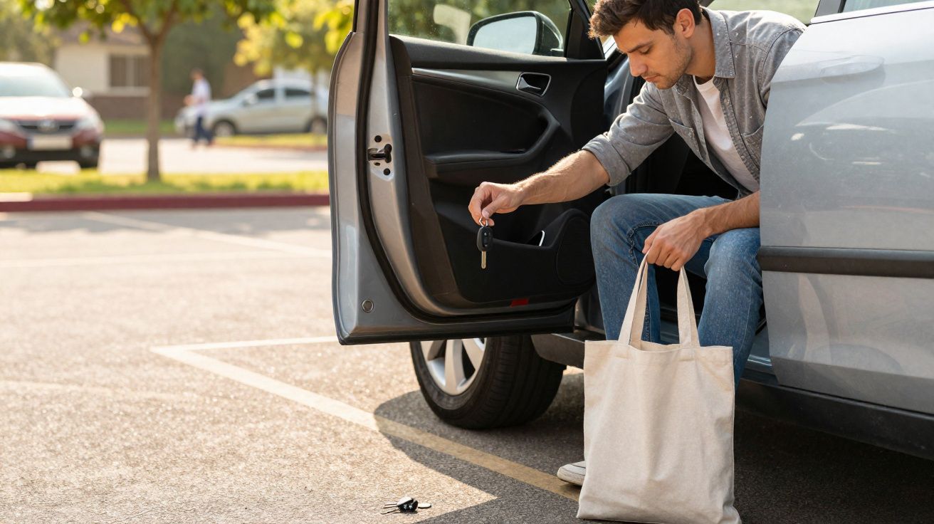 Homem sentado no carro com porta aberta tenta apanhar chaves caídas no chão do parque de estacionamento.