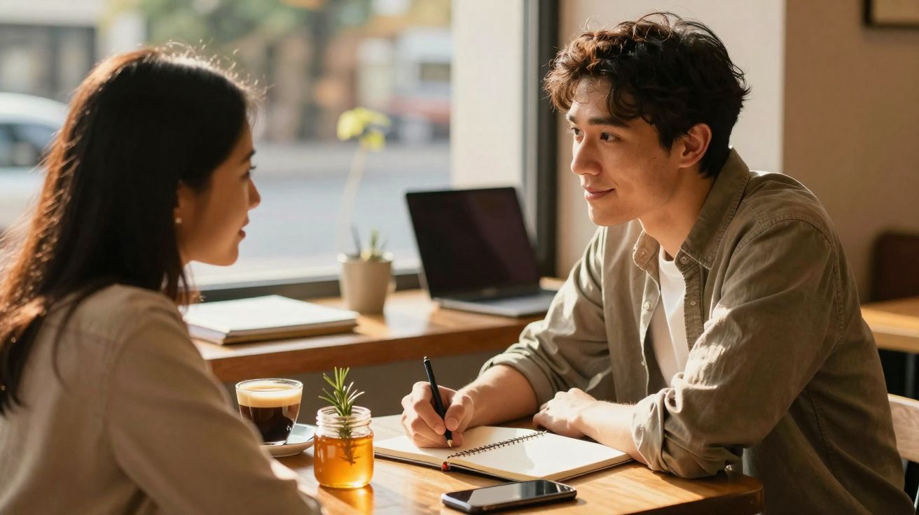 Dois jovens sentados à mesa numa conversa, com caderno aberto, café e telemóvel numa cafeteria.