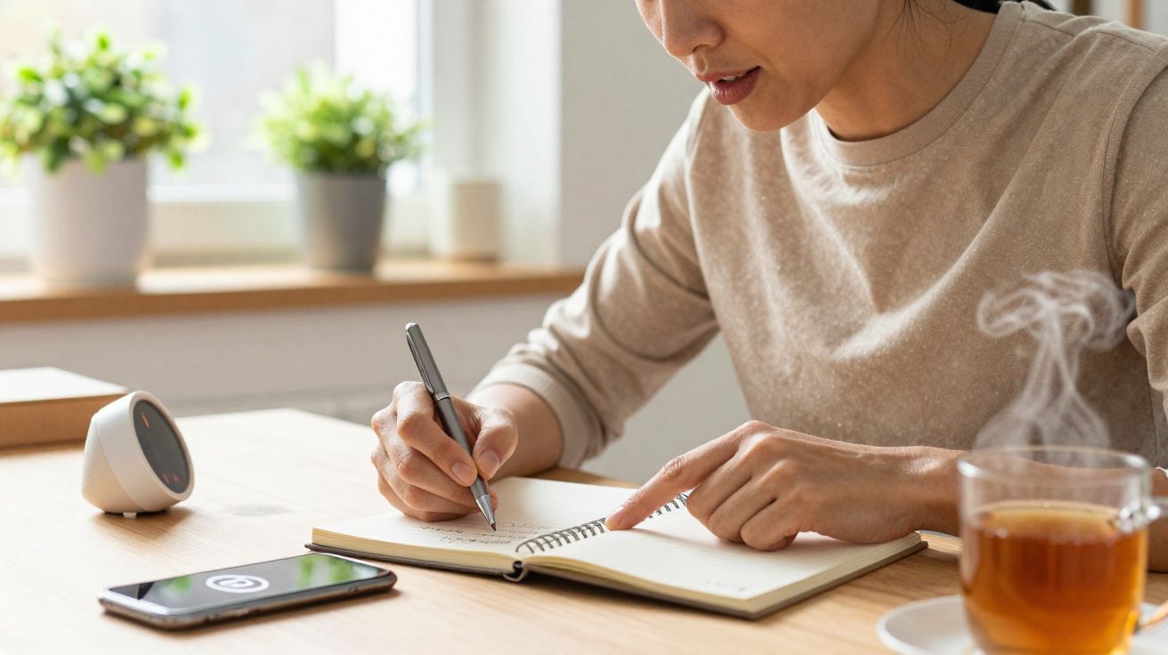 Pessoa a escrever numa agenda enquanto toma chá numa mesa junto à janela com plantas.