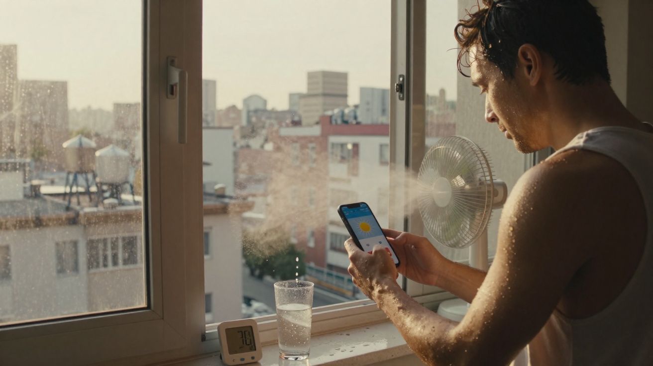 Homem suado junto a janela com ventoinha a refrescar-se e a consultar previsão do tempo no telemóvel.