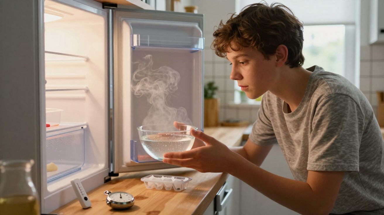 Pessoa jovem coloca tigela com água quente vaporizante dentro de frigorífico aberto numa cozinha.