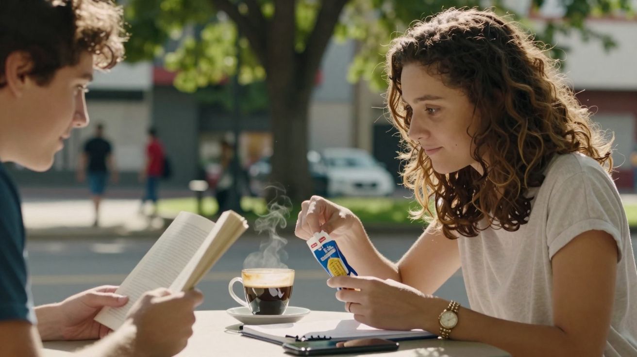 Jovem mulher a abrir embalagem de bolacha enquanto rapaz lê livro, com café quente sobre a mesa exterior.